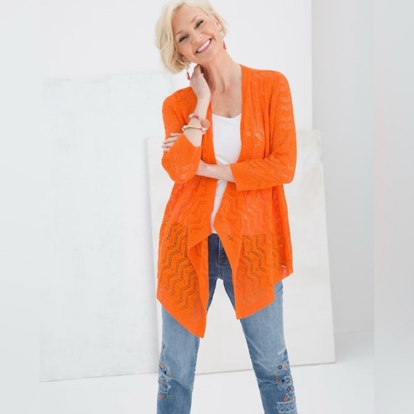 Chicos Size 3 (XL) Lily Open Knit Cardigan Sweater Long Sleeve Orange Shark Bite - Picture 1 of 12